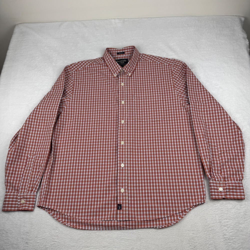 Abercrombie & Fitch Button Down Shirt Mens Large Red Plaid Muscle Fit Cotton
